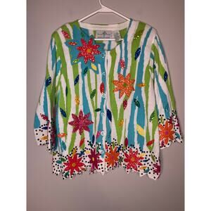 2000s Design Options Rainbow Zebra Floral Bold Easter Sequin Sparkle Cardigan L